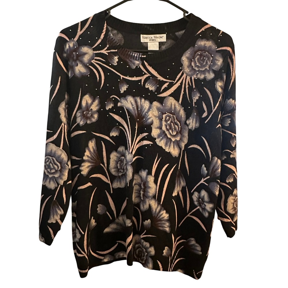 Rebecca Malone Petites Black Floral‎ Rhinestone Knit Sweater Size Petite Large